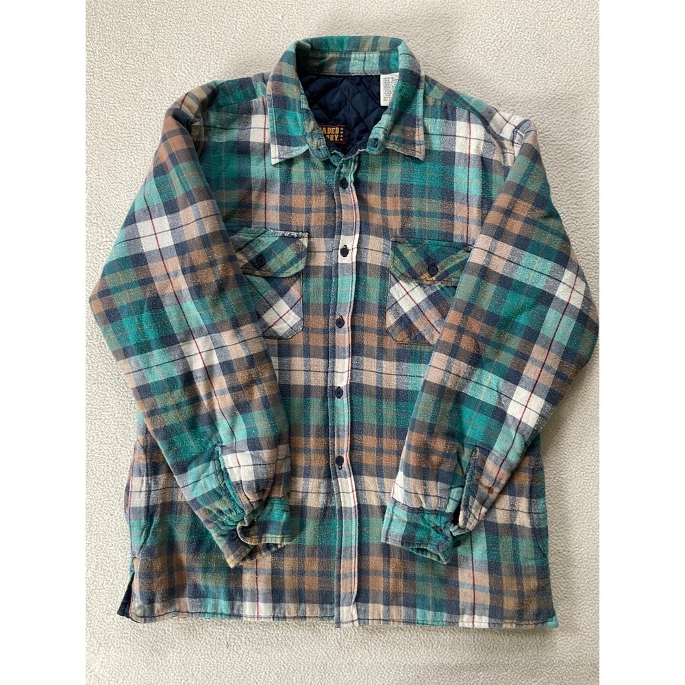 Faded Glory Mens Medium Flannel Shirt Teal Plaid Quilted Lined Workwear Shacket